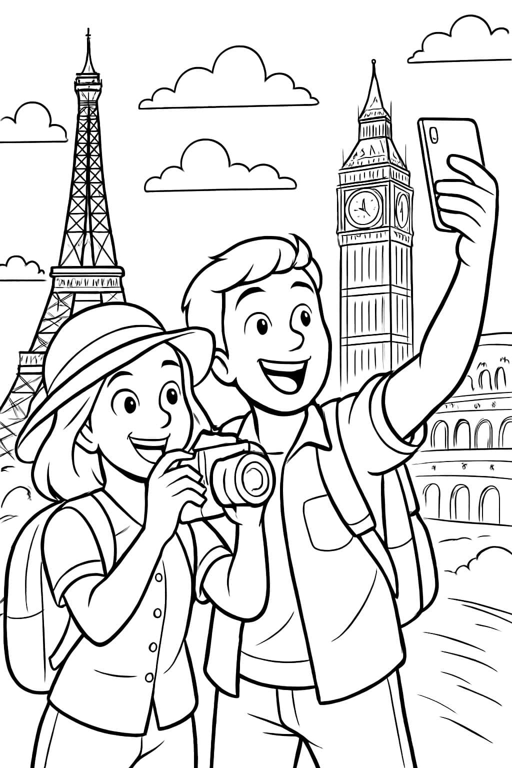 Una pareja de turistas fotografiando monumentos.