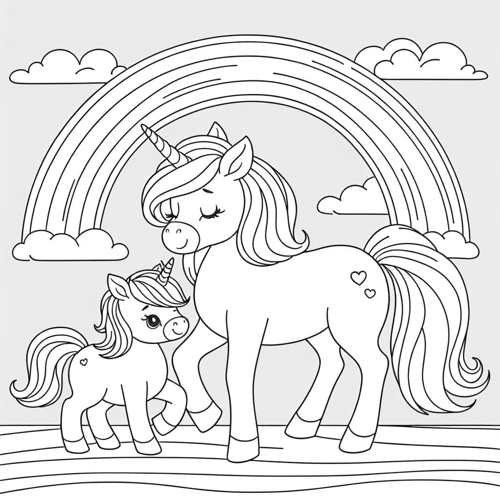 ein Mama Einhorn mit einem Baby Einhorn und einem Regenbogen