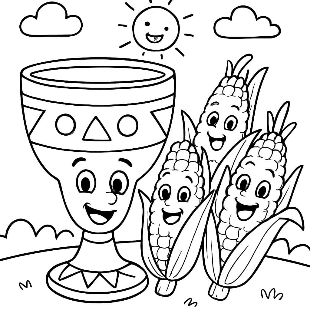 Kwanzaa Einheit Becher (Umoja Becher): Ein breiter, einfacher Kikombe cha Umoja (Einheitsbecher) mit einigen kräftigen, dekorativen Dreiecken und Kreisen. Fügen Sie neben dem Becher drei Maiskolben (Muhindi) hinzu.