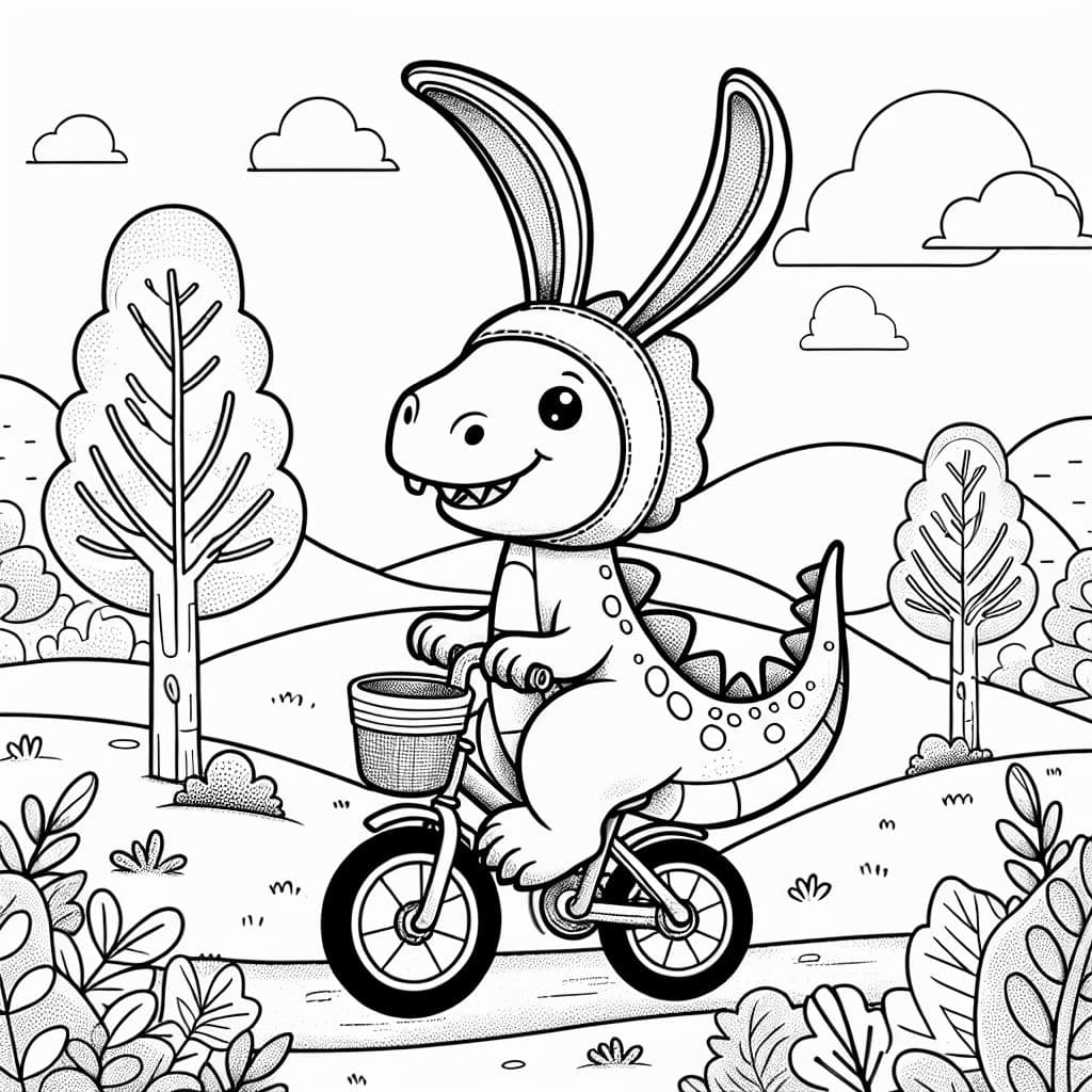 Dinosaurio montando una bicicleta con orejas de conejo