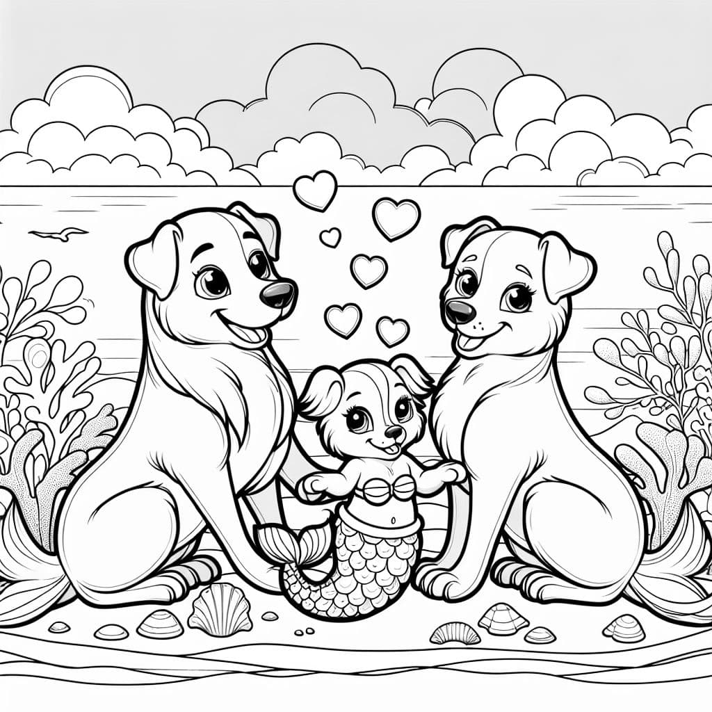 Bubbly mommy and daddy dogs with a mermaid puppy