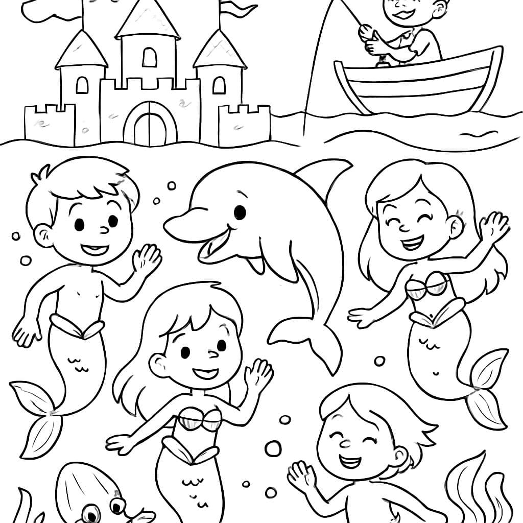castillo con dos sirenas niños y dos sirenas niñas. un barco en la superficie con alguien intentando pescar. un delfín y un pulpo abrazable.