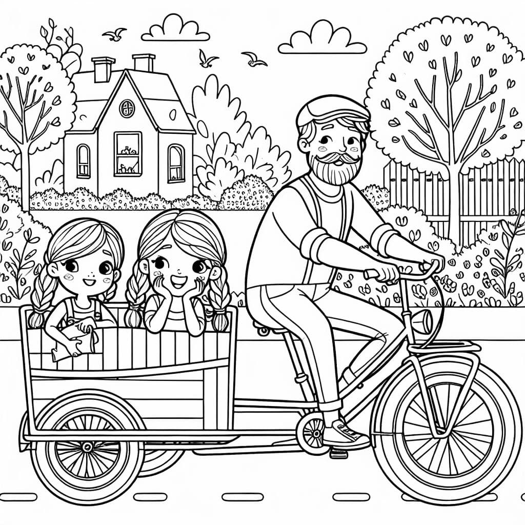Zwei Mädchen mit einem Papa auf dem lastenrad