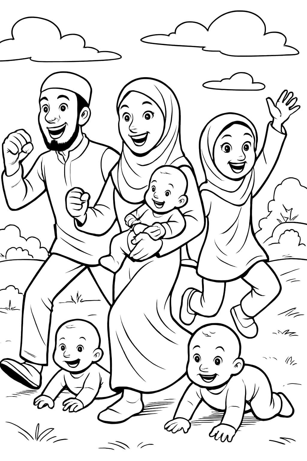 Famille musulmane de cinq membres, y compris les parents, la fille aînée et des jumeaux bébés.