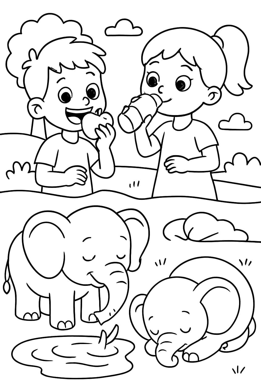 Draw a boy eating an apple, a girl drinking water, an elephant drinking and an elephant sleeping.