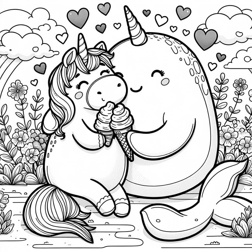 A unicorn and a narwhal hugging and eating ice cream and hearts all around them and flowers