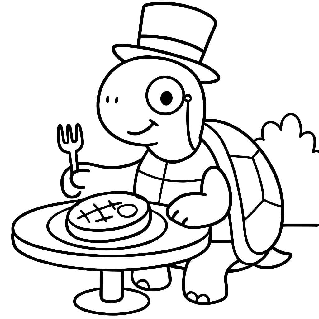 Eine Schildkröte mit einem Zylinder und einem Monokel, die ein Steak-Dinner isst.