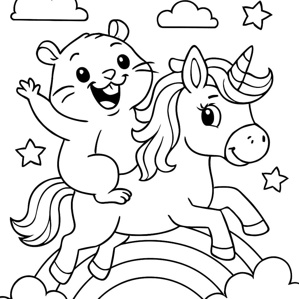 un hámster montando un unicornio sobre un arcoíris