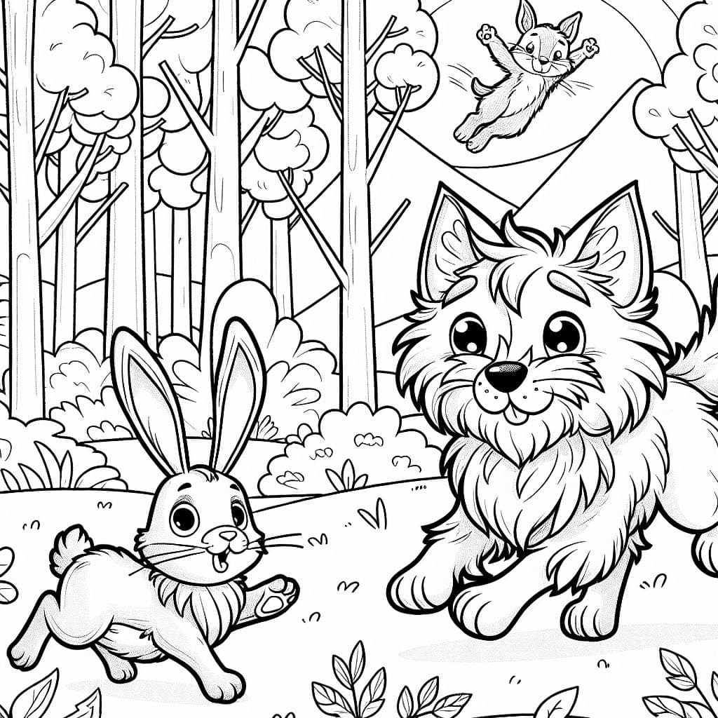 Katze mit spitzen ohren, kaninchen und zotteliger hund im wald