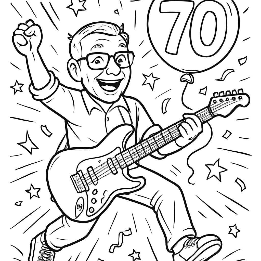 An older man is playing guitar and celebrating his 70th birthday, he is wearing glasses.