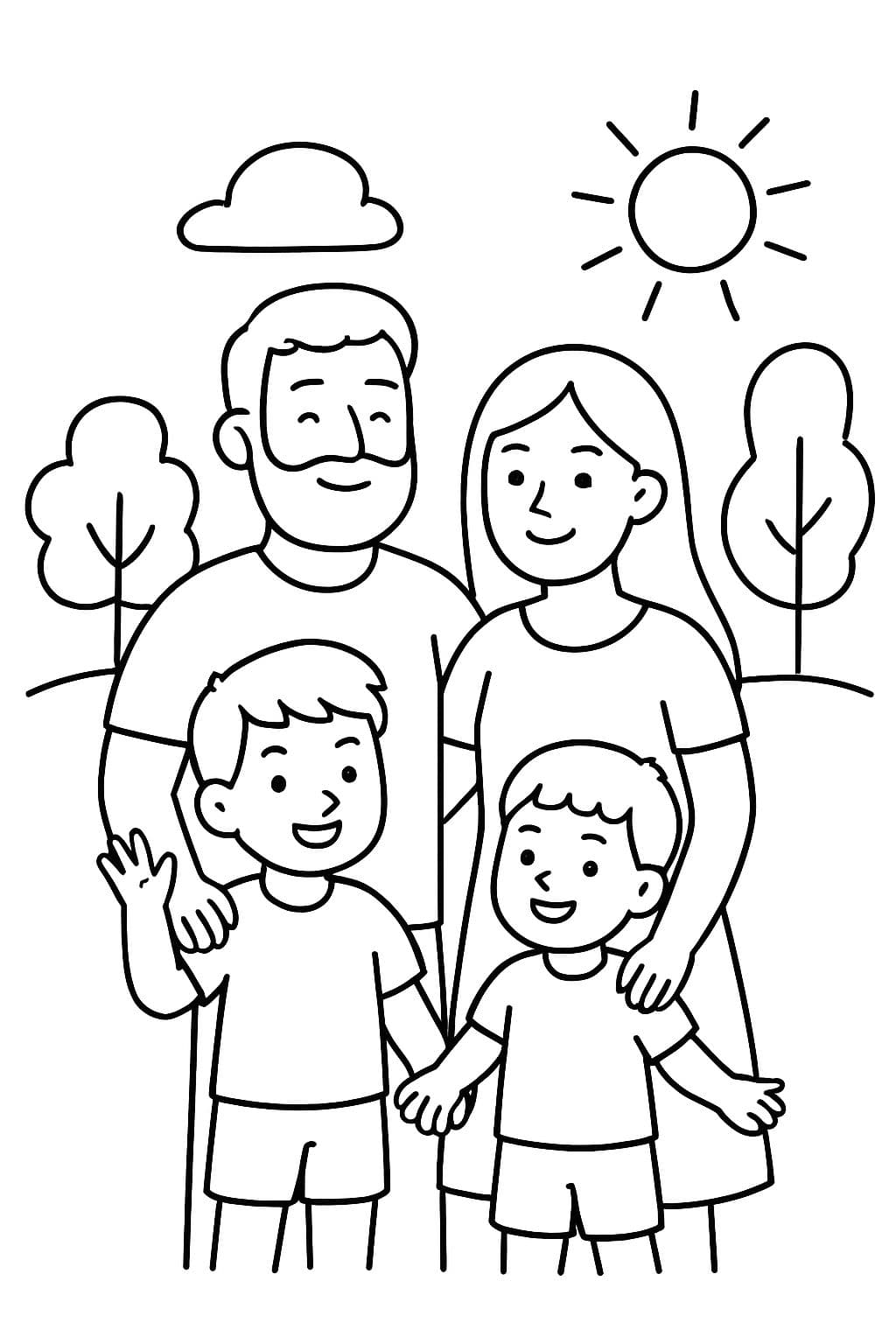 un esposo con barba, su esposa y sus hijos de 2 y 3 años