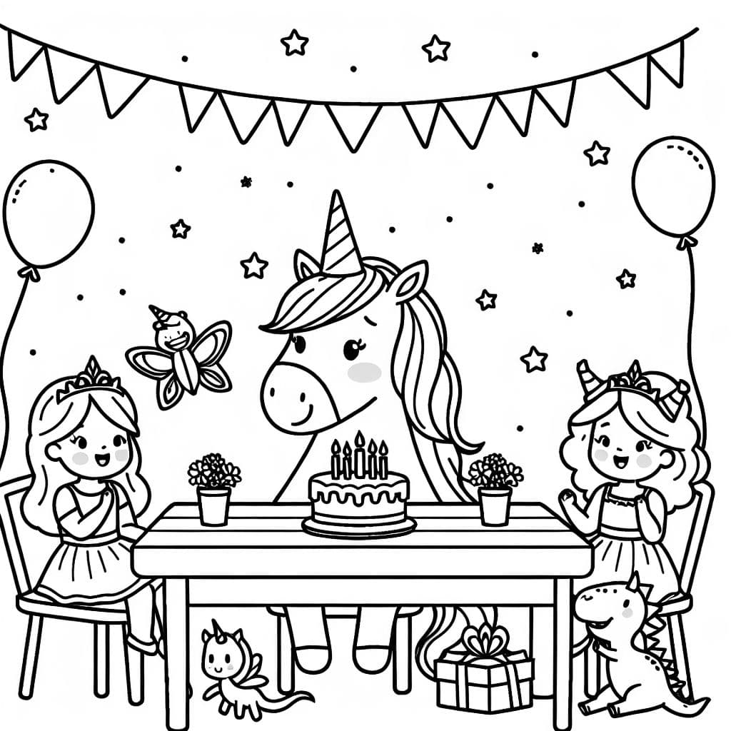 ein Einhorn feiert Geburtstag. es sitzt mit seinen Gästen (eine Fee, eine Prinzessin und ein Dino) am Tisch