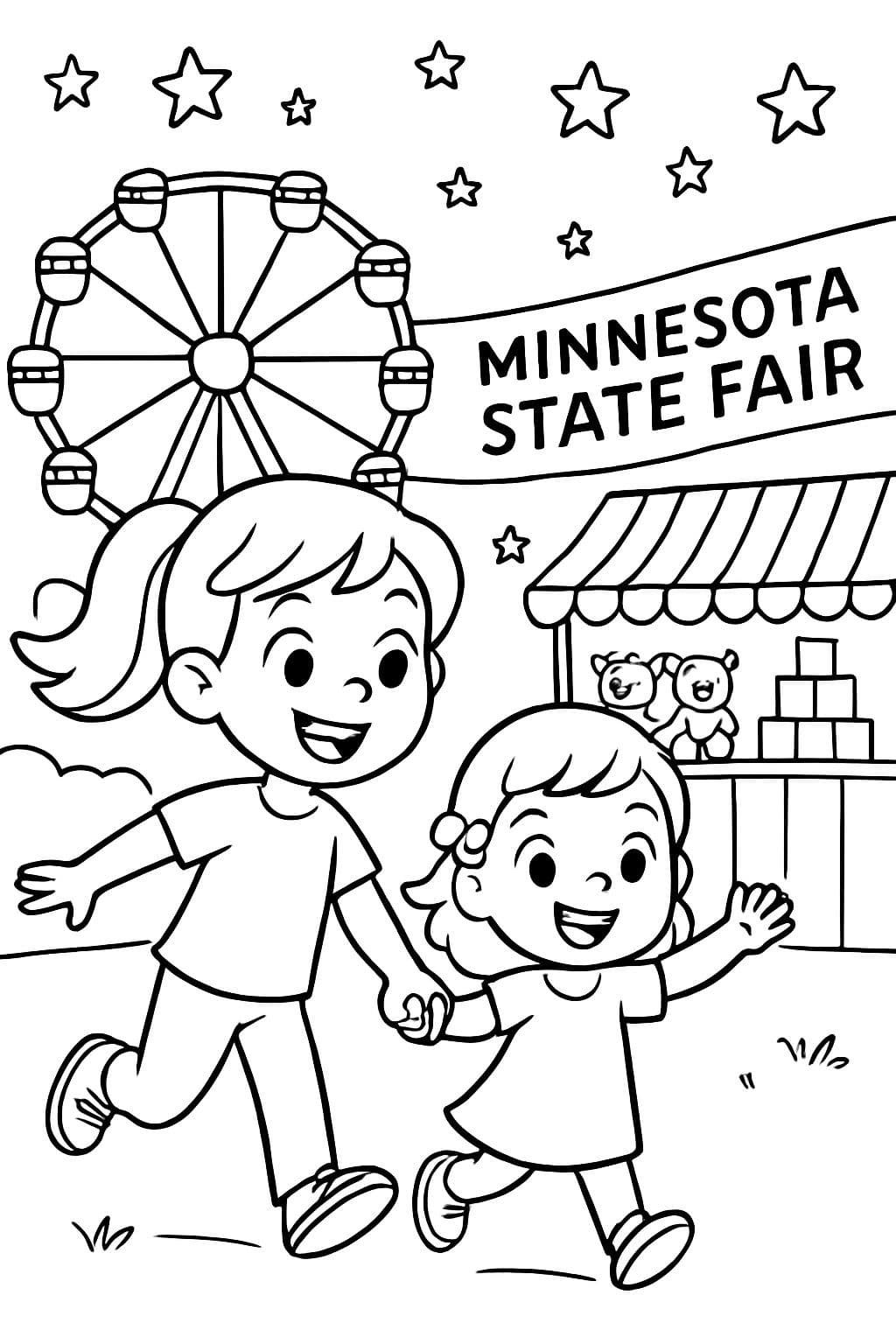 Fille de 6 ans avec une queue de cheval et sa petite sœur marchant à la foire de l'État du Minnesota. Il y a une grande roue et des stands de jouets, ainsi qu'une banderole disant foire de l'État du Minnesota. C'est la nuit avec des étoiles dans le ciel.