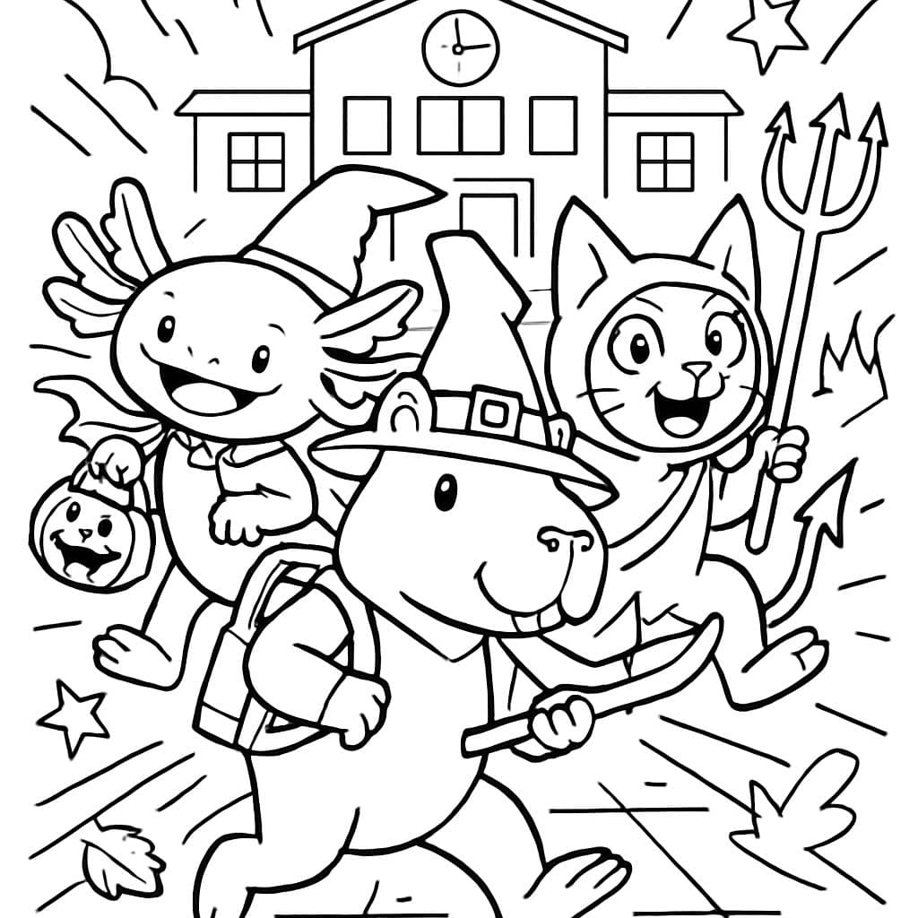 Axolotl, capybara et chat à l'école en costumes d'Halloween.