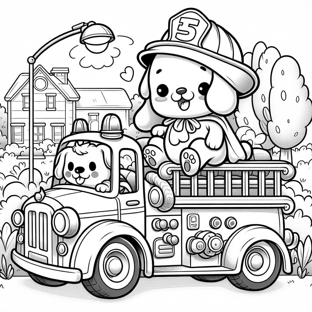 Puppy dressed as a ghost sitting on a firetruck