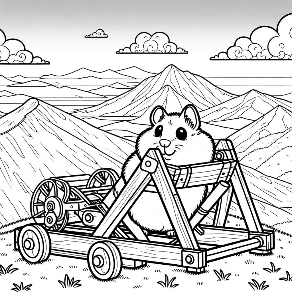 un hámster en una catapulta en la cima de una montaña