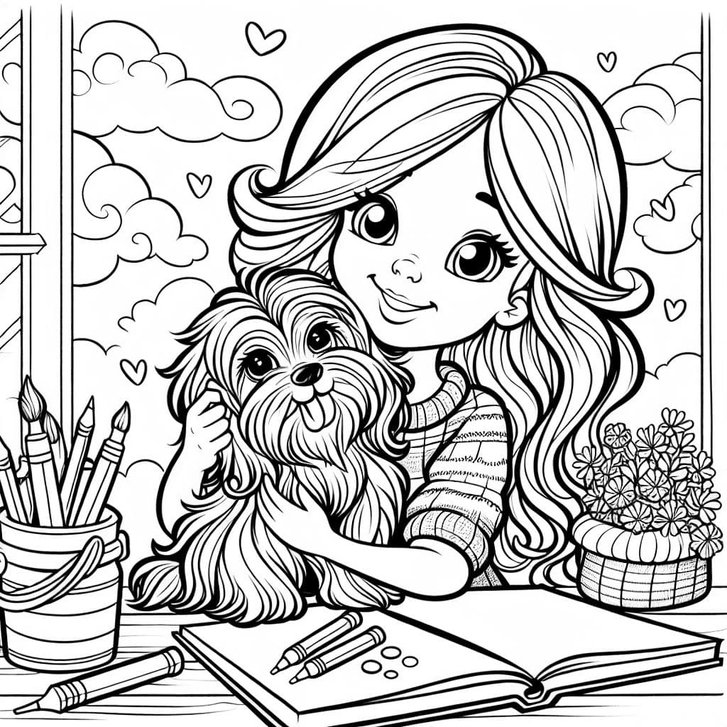 a young woman with shoulder-length hair cuddling with her small long-haired dog