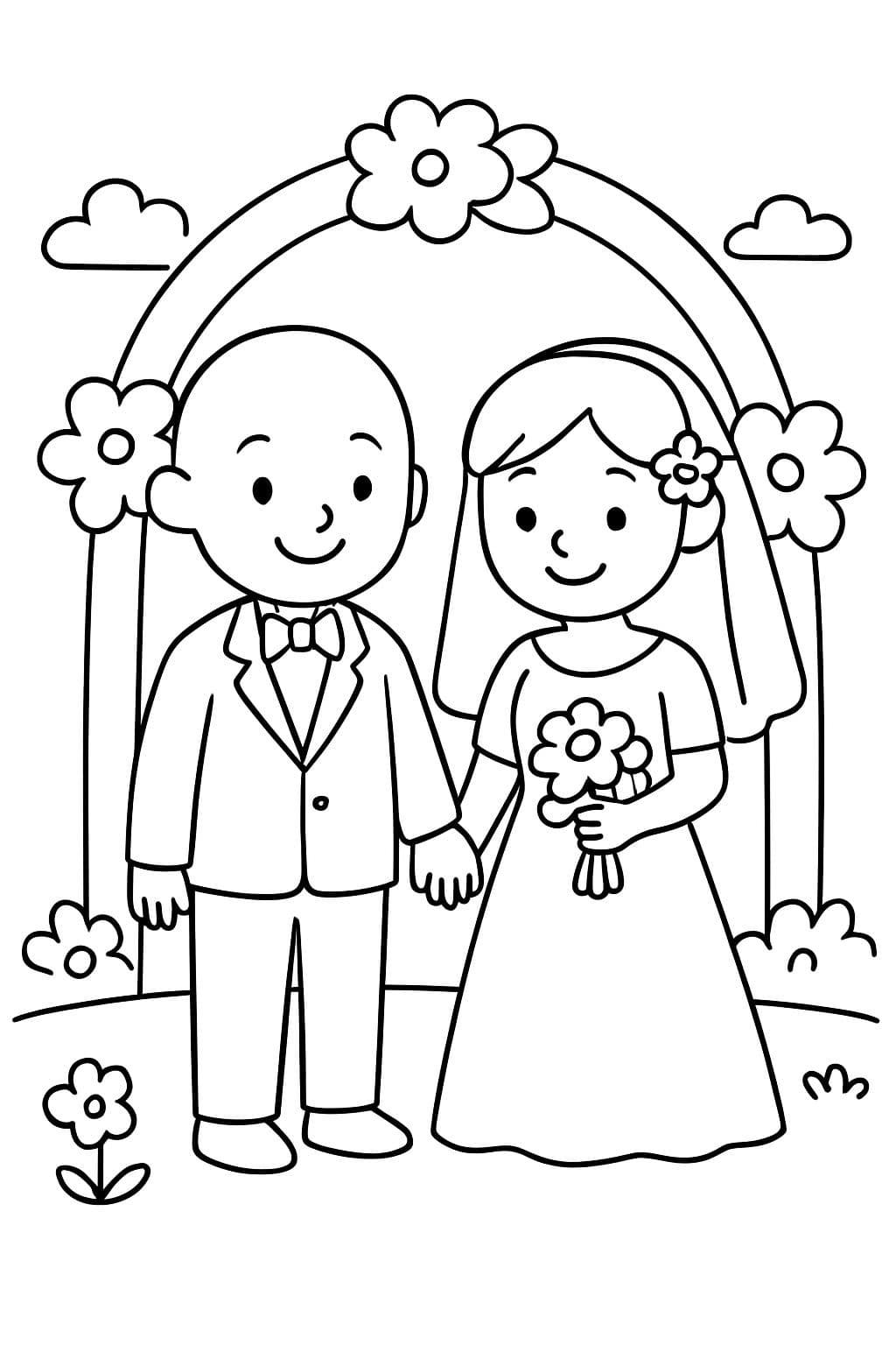 Un marié chauve et une mariée aux cheveux mi-longs se marient.