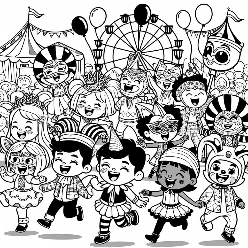 Page à colorier avec des thèmes de carnaval colorés pour les enfants.