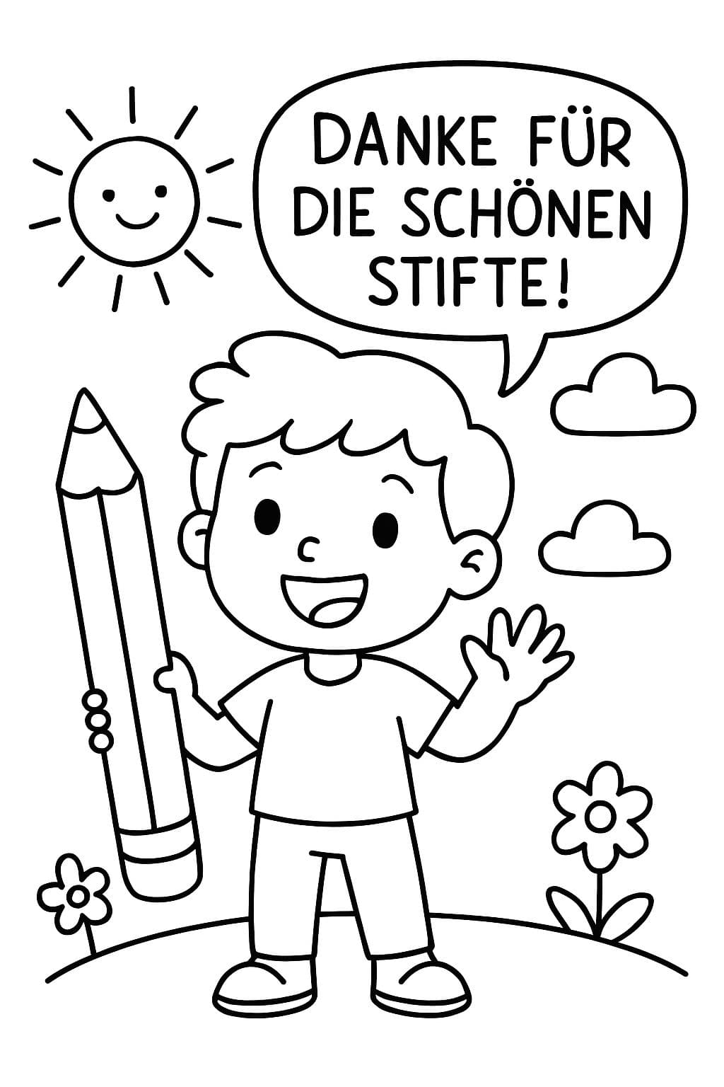 Ein Bild auf dem zum ausmalen steht: Danke für die schönen Stifte!