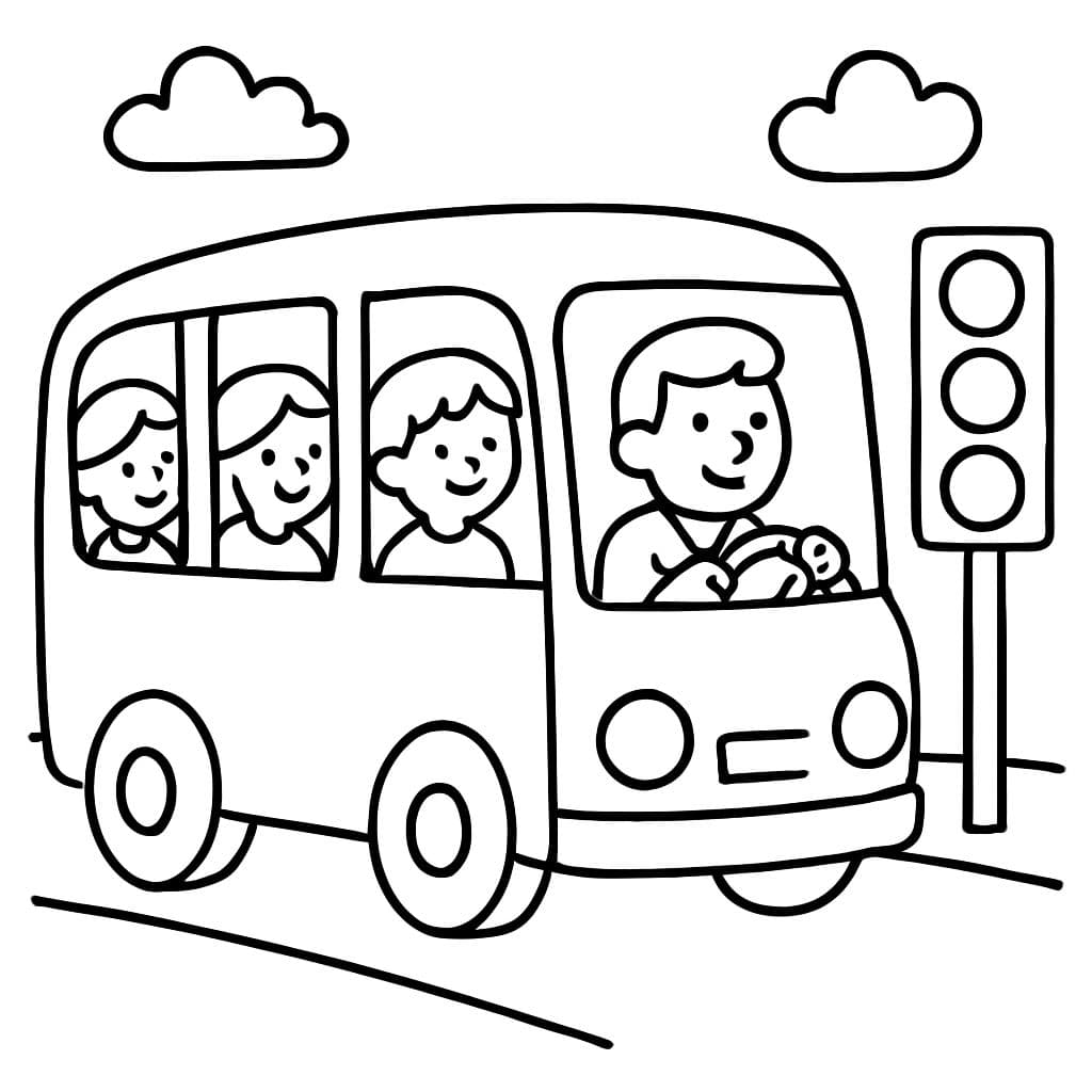 un bus de tourisme avec des gens à l'intérieur et un feu de circulation