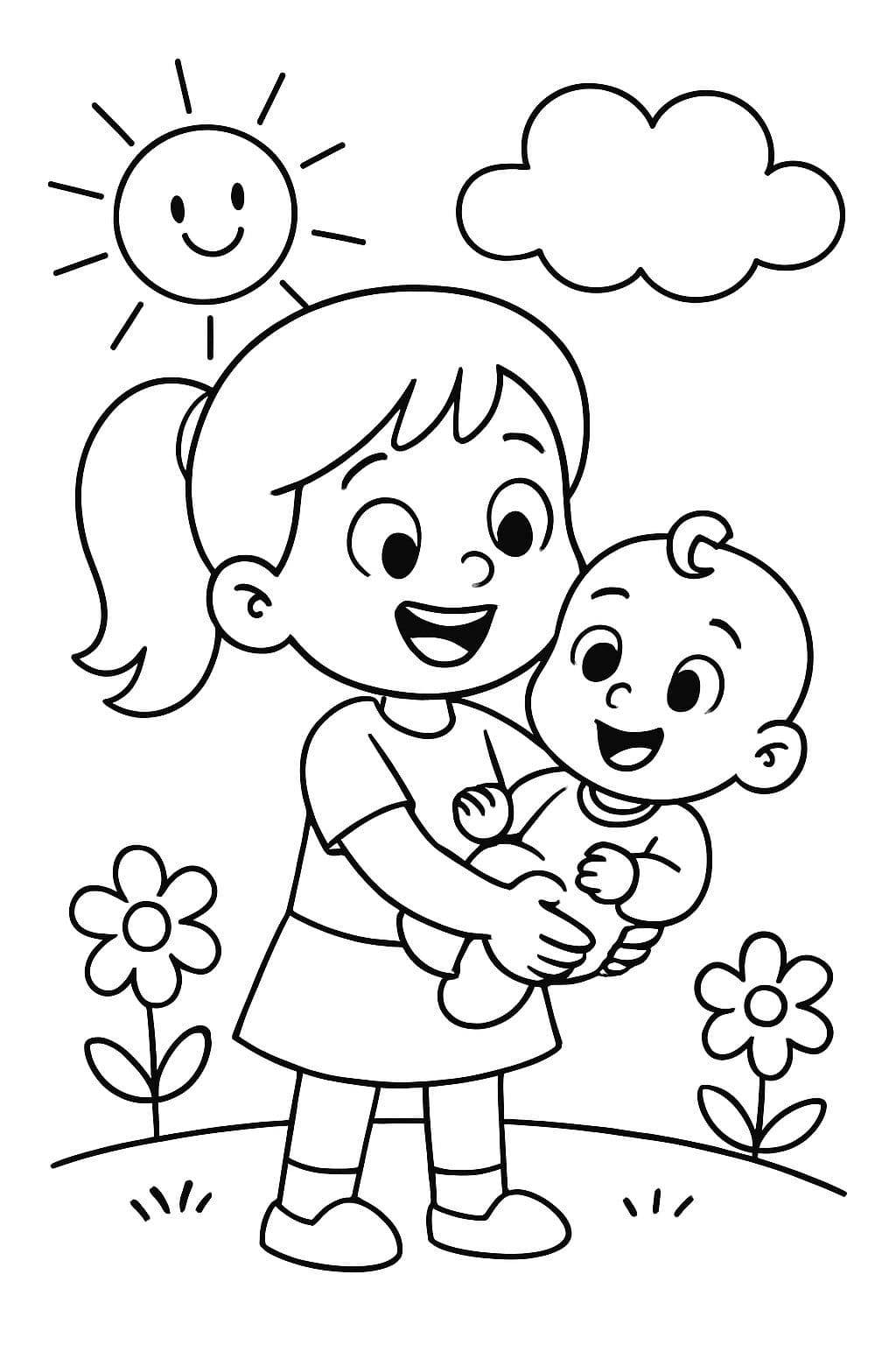 eine große Schwester von 5 Jahren mit einem süßen Baby