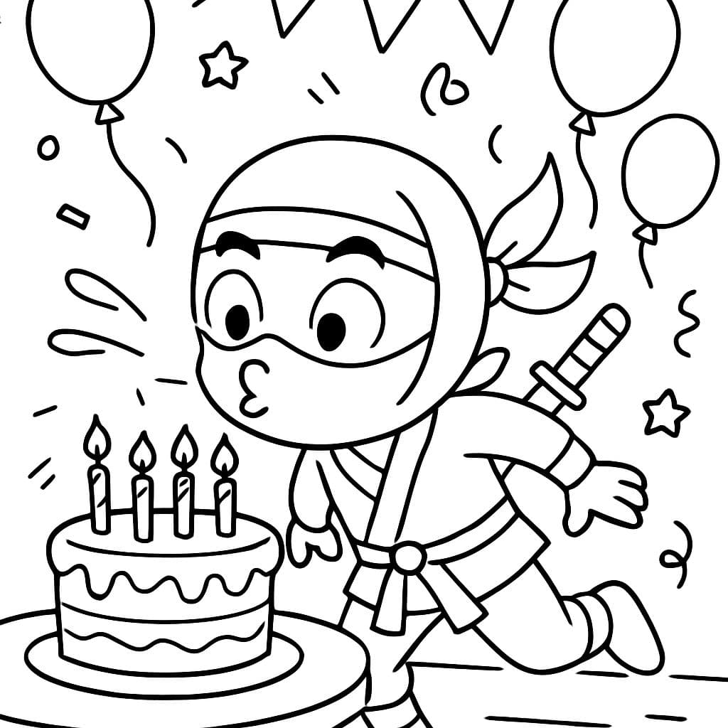 Ninja soplando velas en un pastel de cumpleaños
