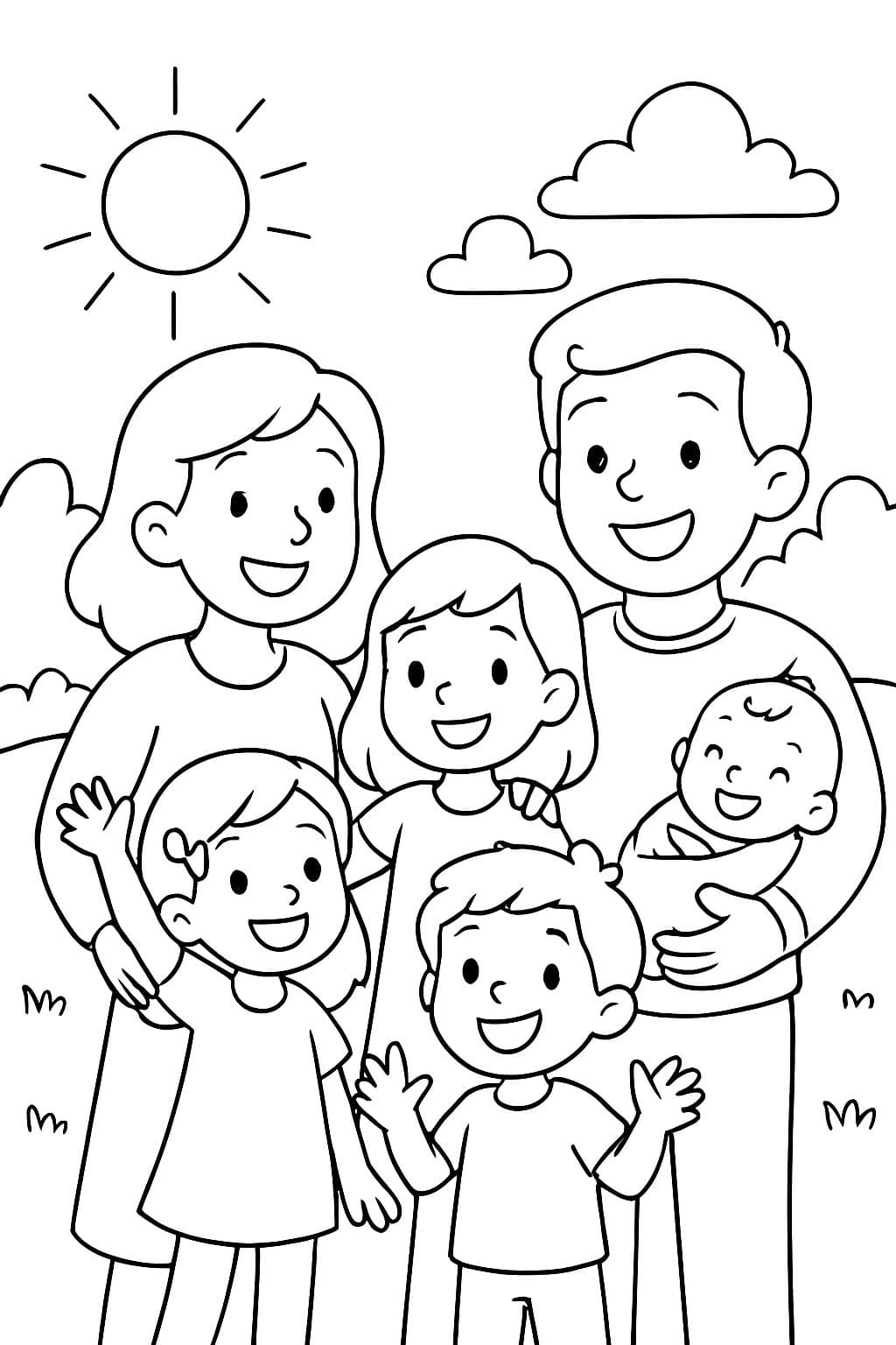 Eine Mama, ein Papa, eine ältere Schwester, eine mittlere Schwester, ein kleiner Bruder und ein Babybruder