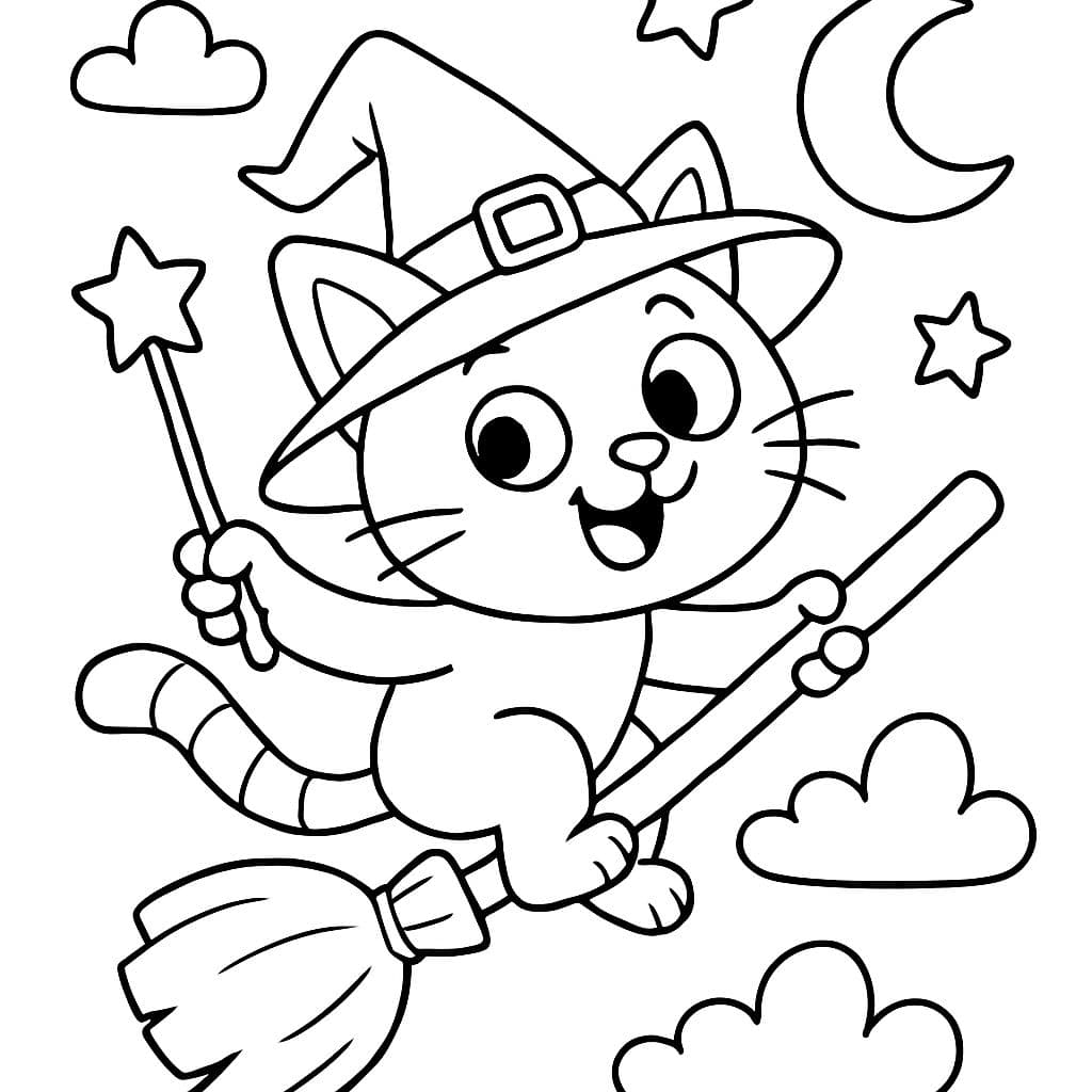un chat avec un chapeau de sorcière, une baguette magique et un balai