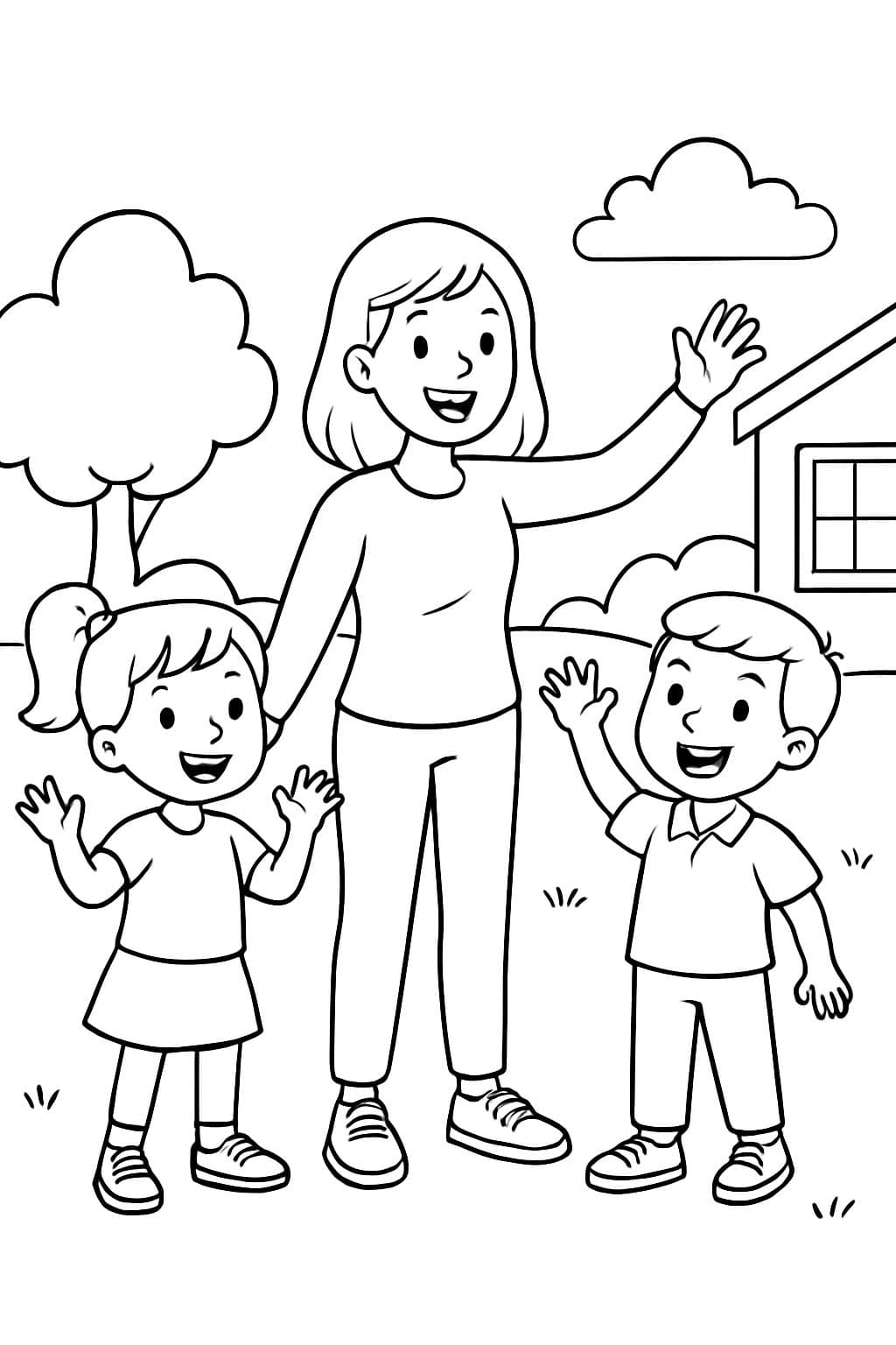 Une jeune enseignante avec des cheveux mi-longs, une chemise à manches longues, un pantalon et des baskets, se tenant avec un groupe d'élèves de troisième année. Une élève est une fille avec une queue de cheval.