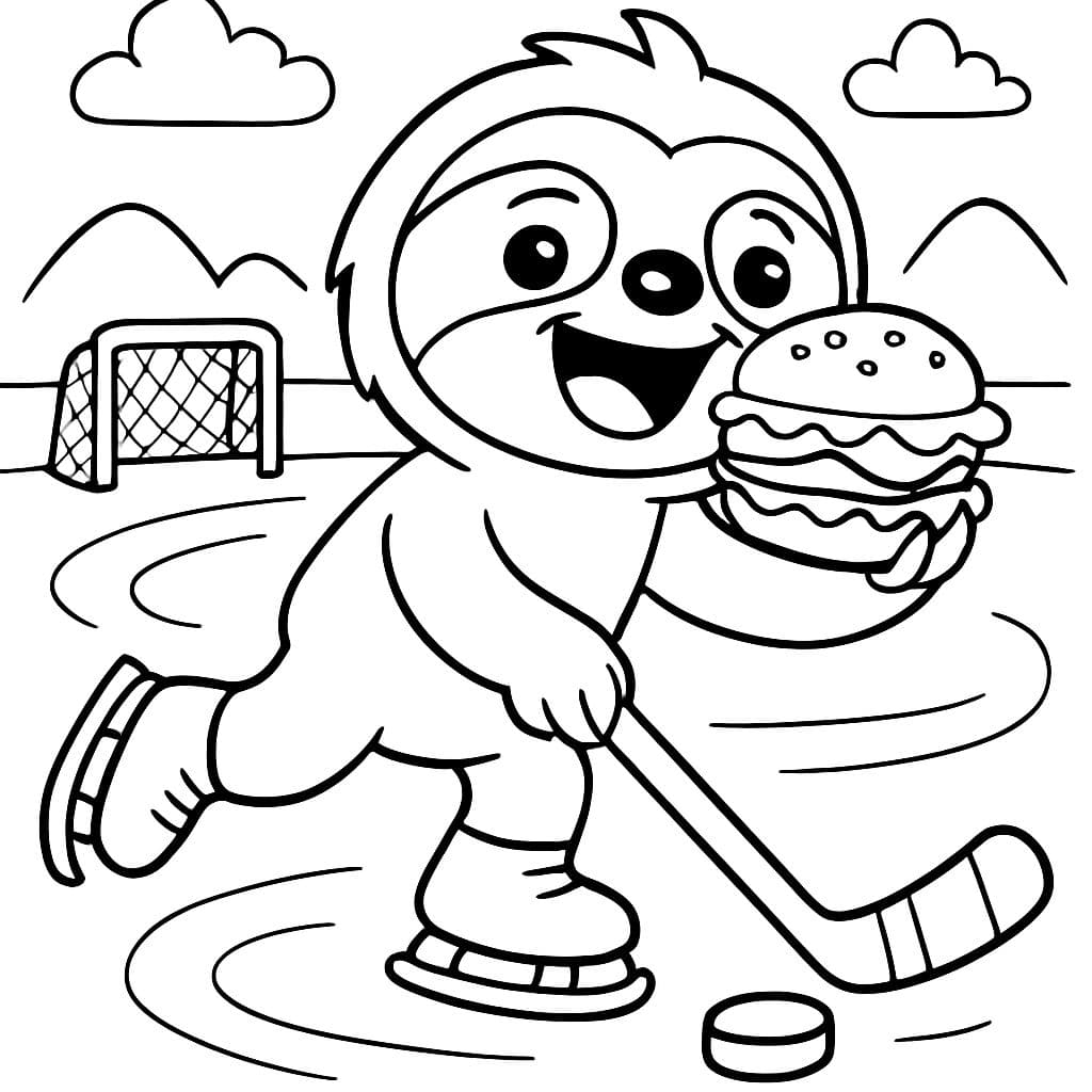 Un perezoso jugando hockey y comiendo una hamburguesa