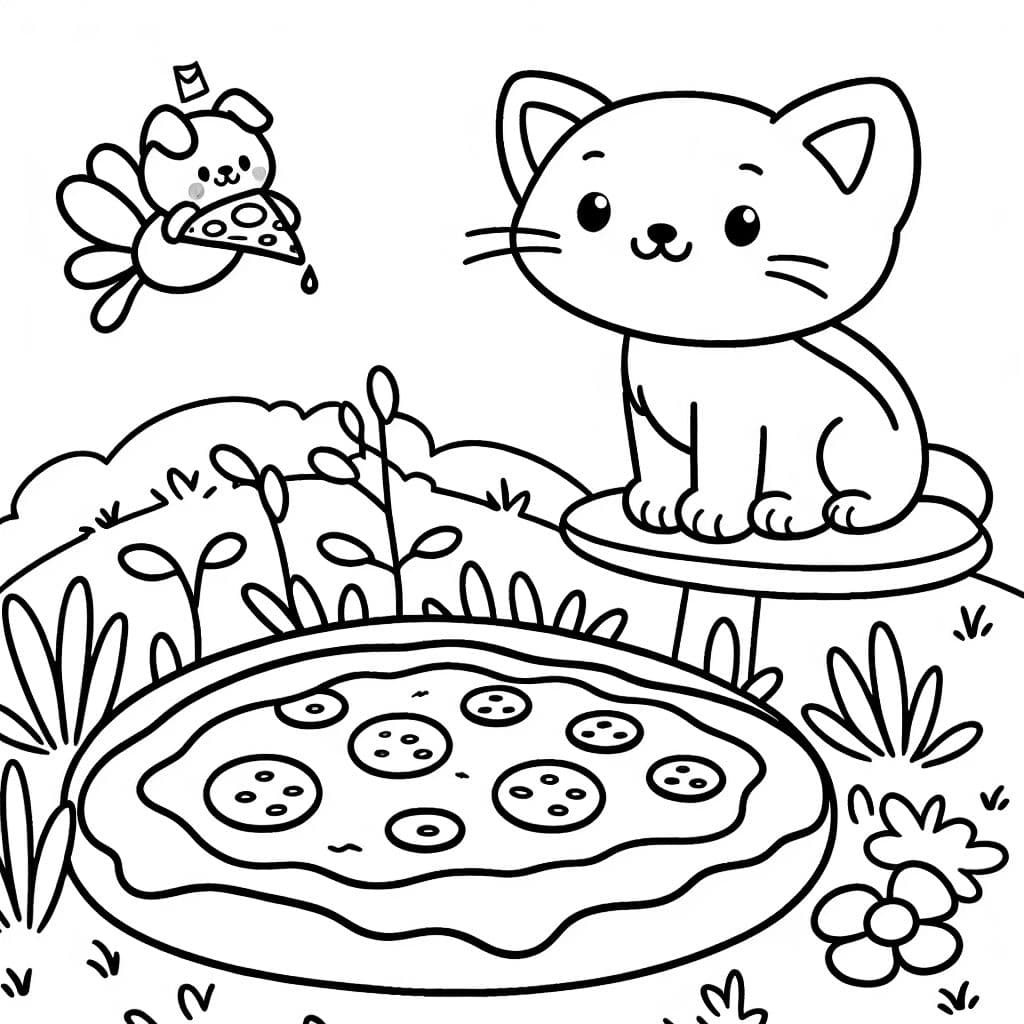 Eine Katze auf einer Wiese und ein Hund auf einer Pizza