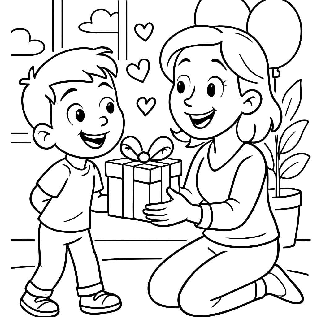 un niño que le da un regalo de cumpleaños a su madre. Con mucho amor
