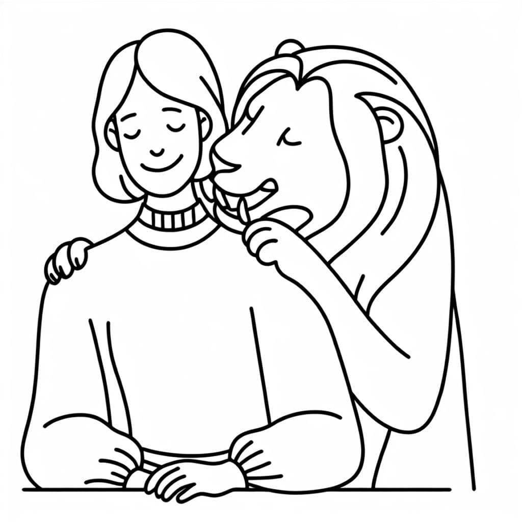 Un león mordiendo a una mujer adulta en el hombro