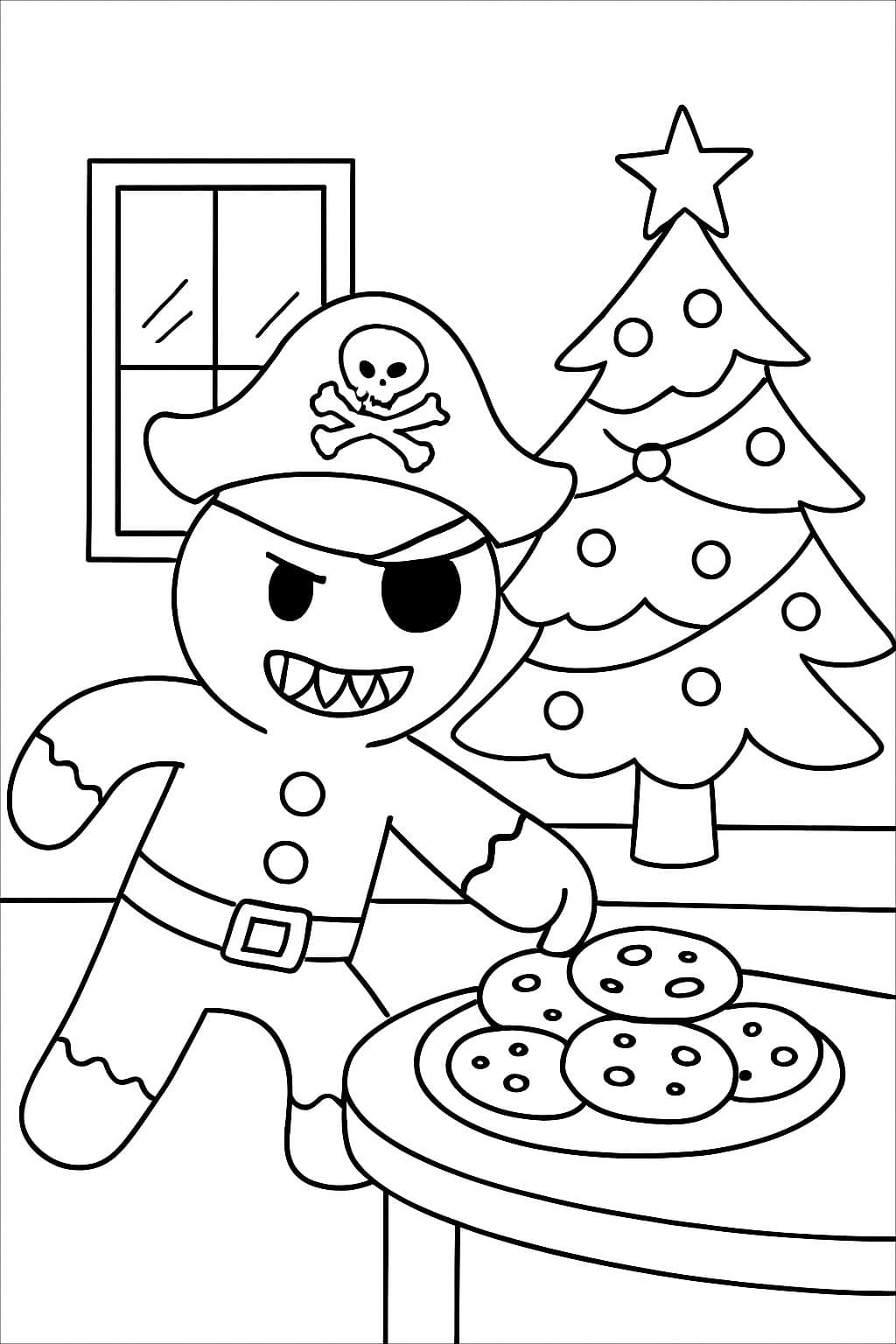 Hombre de jengibre pirata malvado robando galletas de un plato en una habitación con un árbol de Navidad