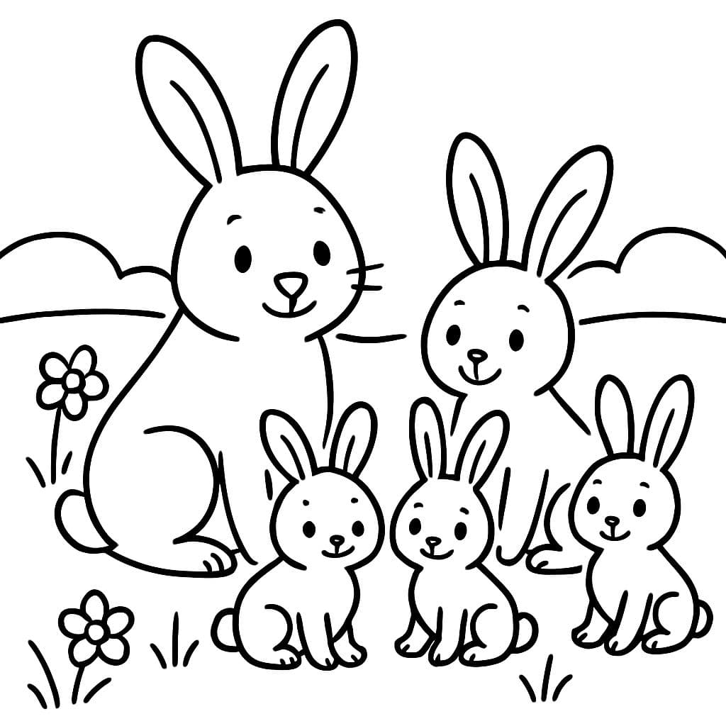 una familia de conejos con varios niños en un prado de primavera