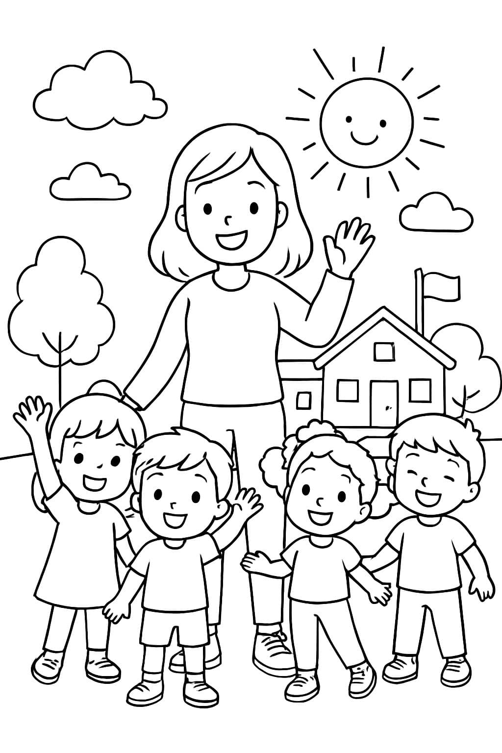 young female teacher with medium length hair, long sleeve shirt, pants, and tennis shoes. standing with a group of first grade students.