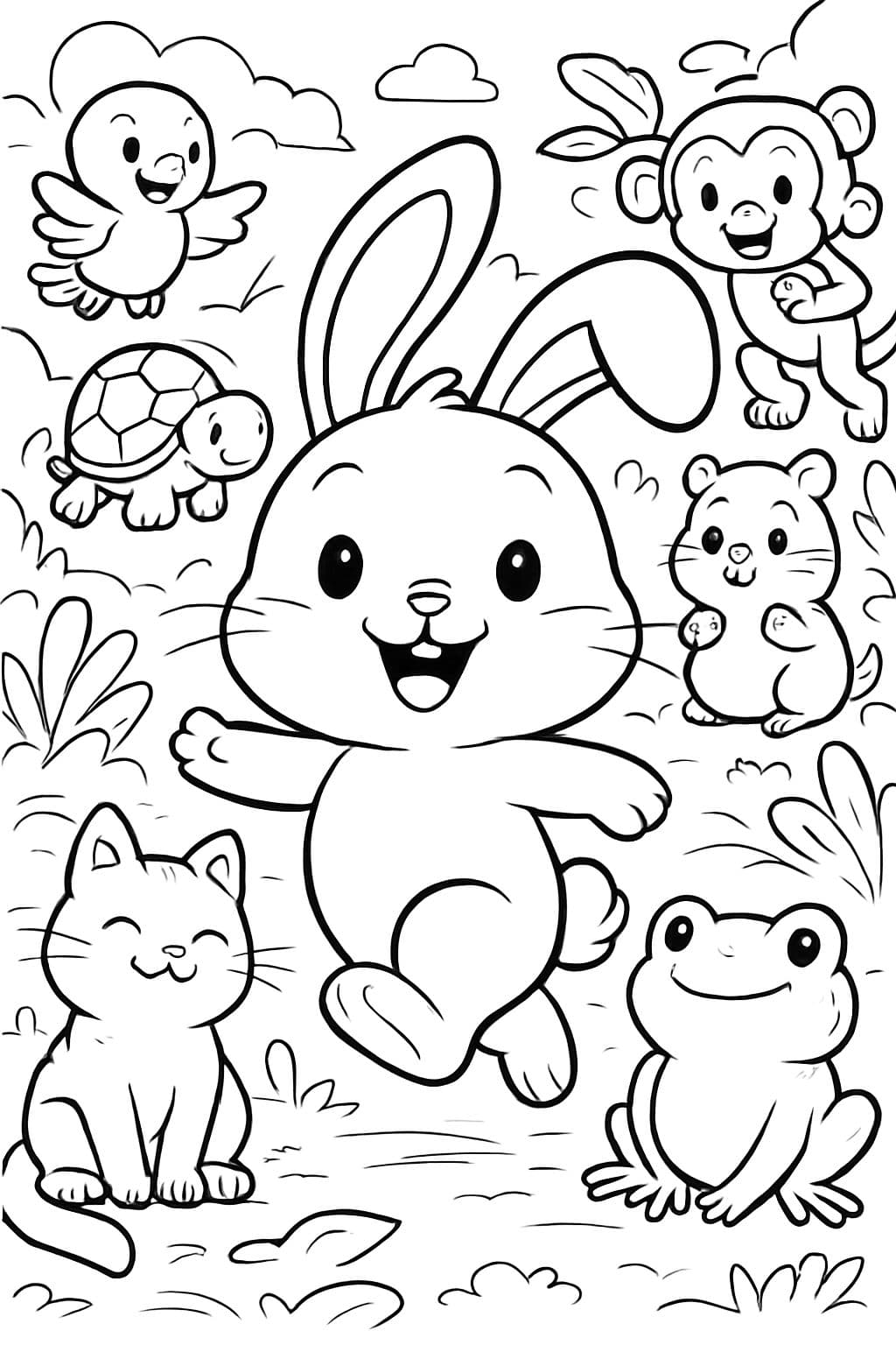 Une image de recherche et de découverte à colorier présentant de nombreux animaux mignons et squishy différents.