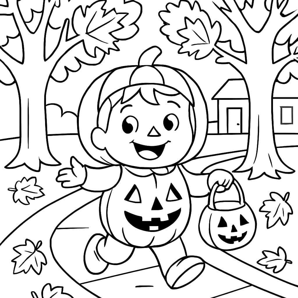 A kid dressed as a jack o lantern trick or treating down a street lined with Maple Trees.