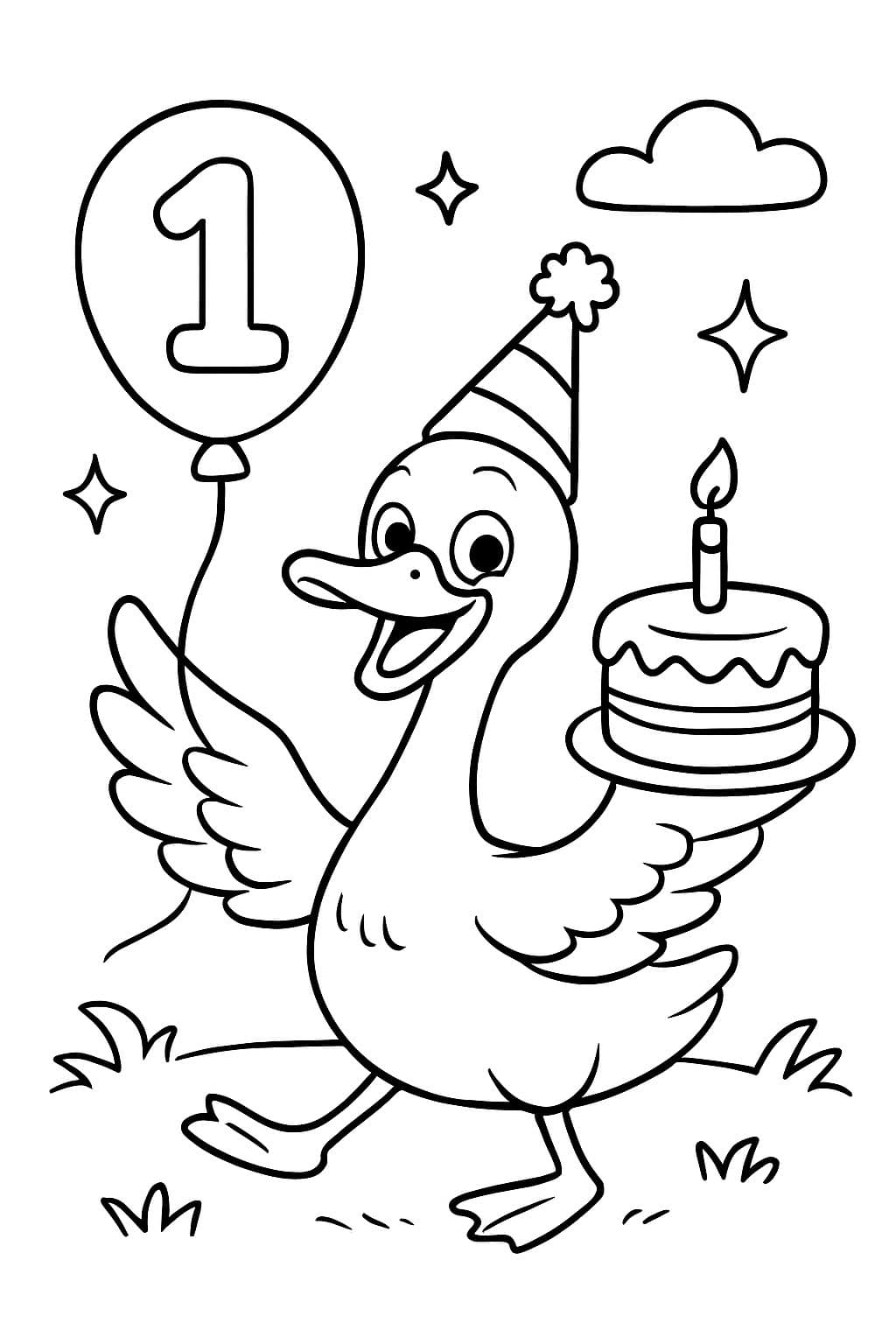 ganso con un sombrero de cumpleaños y un globo de pastel primer niño de cumpleaños tonto