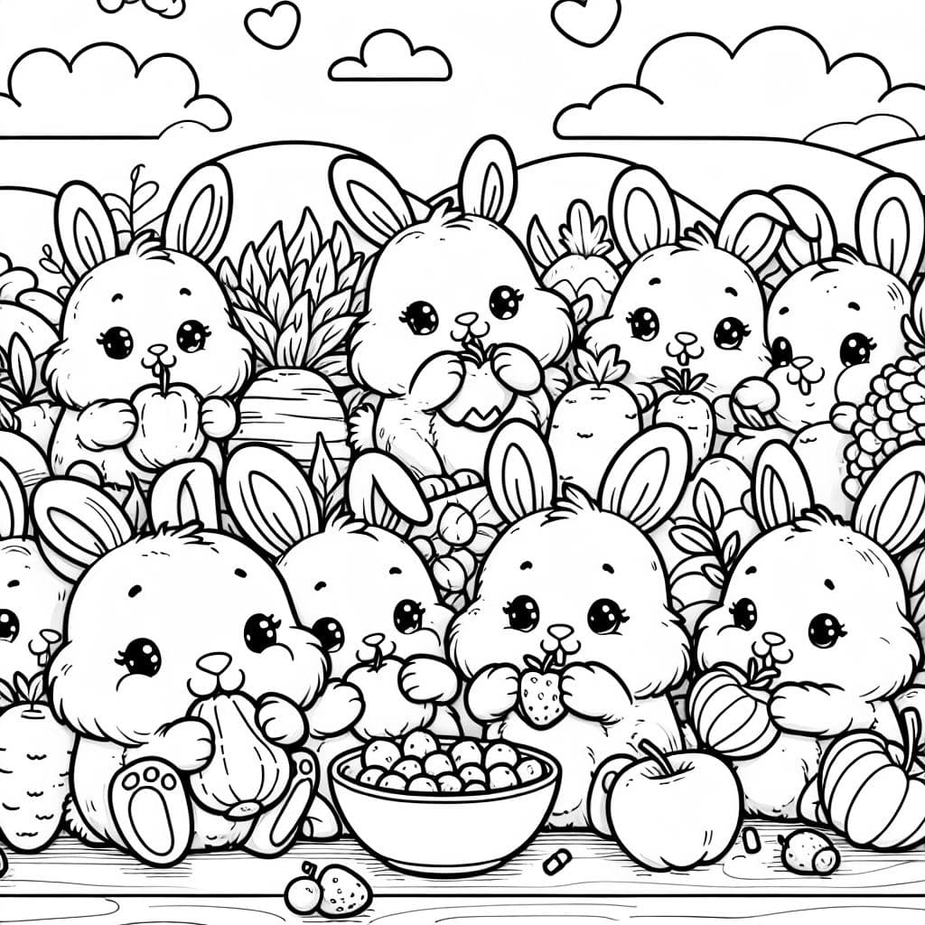 ganz ganz viele flauschige Hasen, die Obst und Gemüse essen