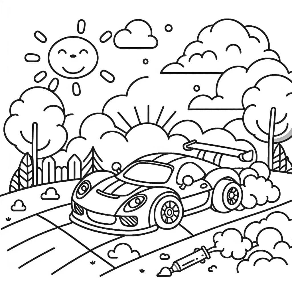 einen Rennauto mit Sonne und Wolken im Hintergrund