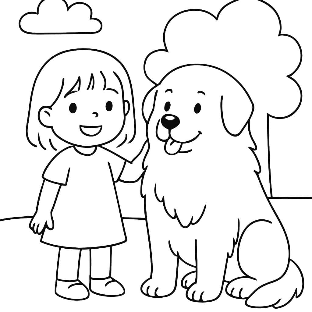 Uma menina pequena com cabelo na altura dos ombros ao lado do seu grande pireneu.