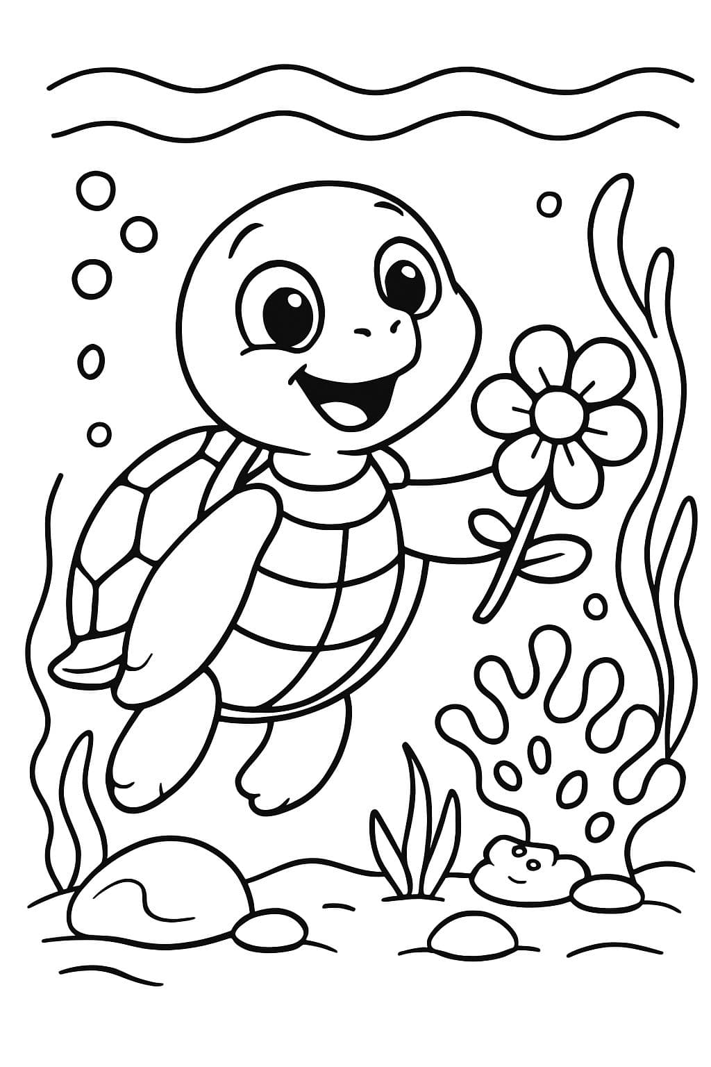 eine Schildkröte auf dem Meeresboden mit einer Blume