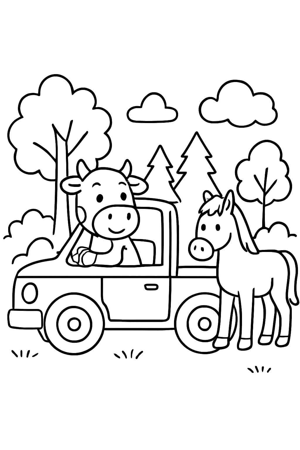 Una vaca conduciendo un camión en el bosque con un caballo.