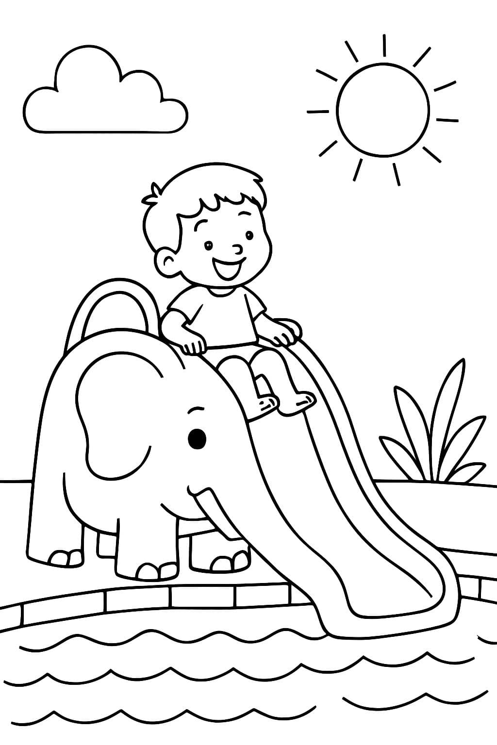 Un niño sentado en un tobogán que parece un elefante en una piscina