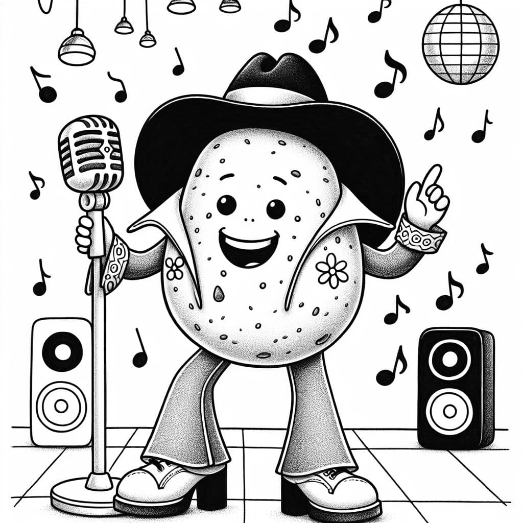 A potatoes wearing 70s clothes singing a song in the microphone