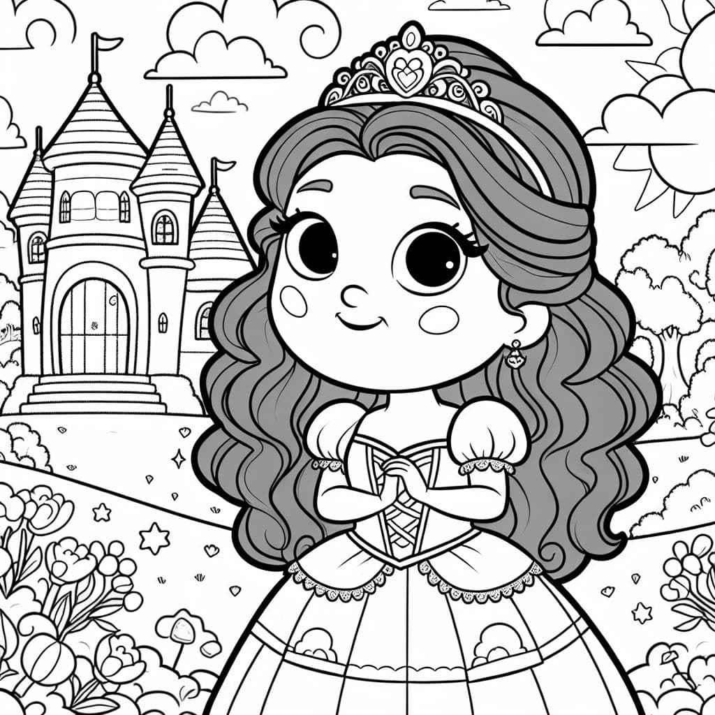 Une belle princesse dans un jardin de château coloré, prête à être coloriée.