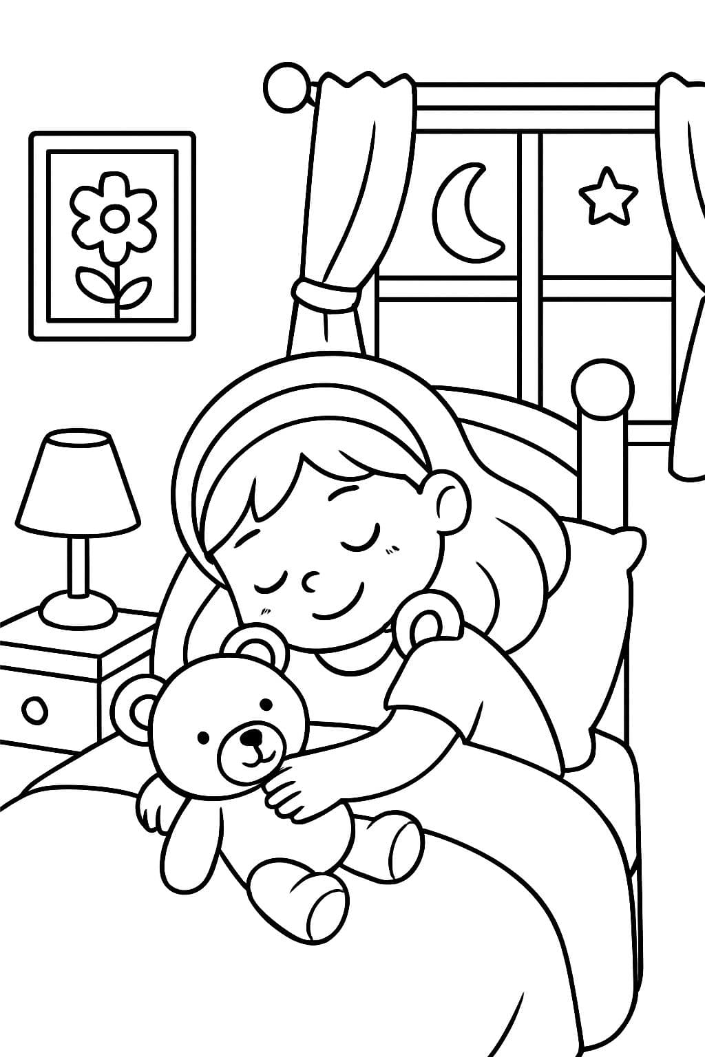 Niña durmiendo con el oso en el borde de la cama
