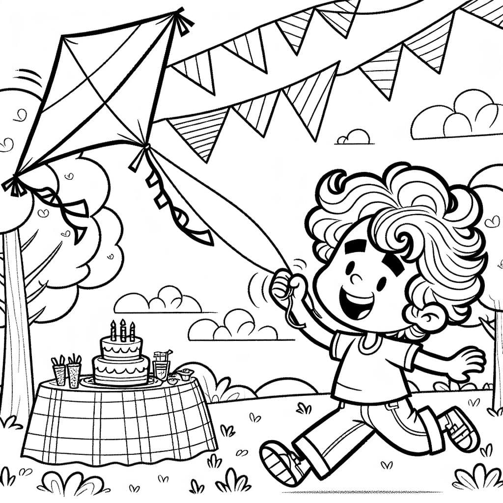 A boy with wavy hair flying a kite at his birthday party